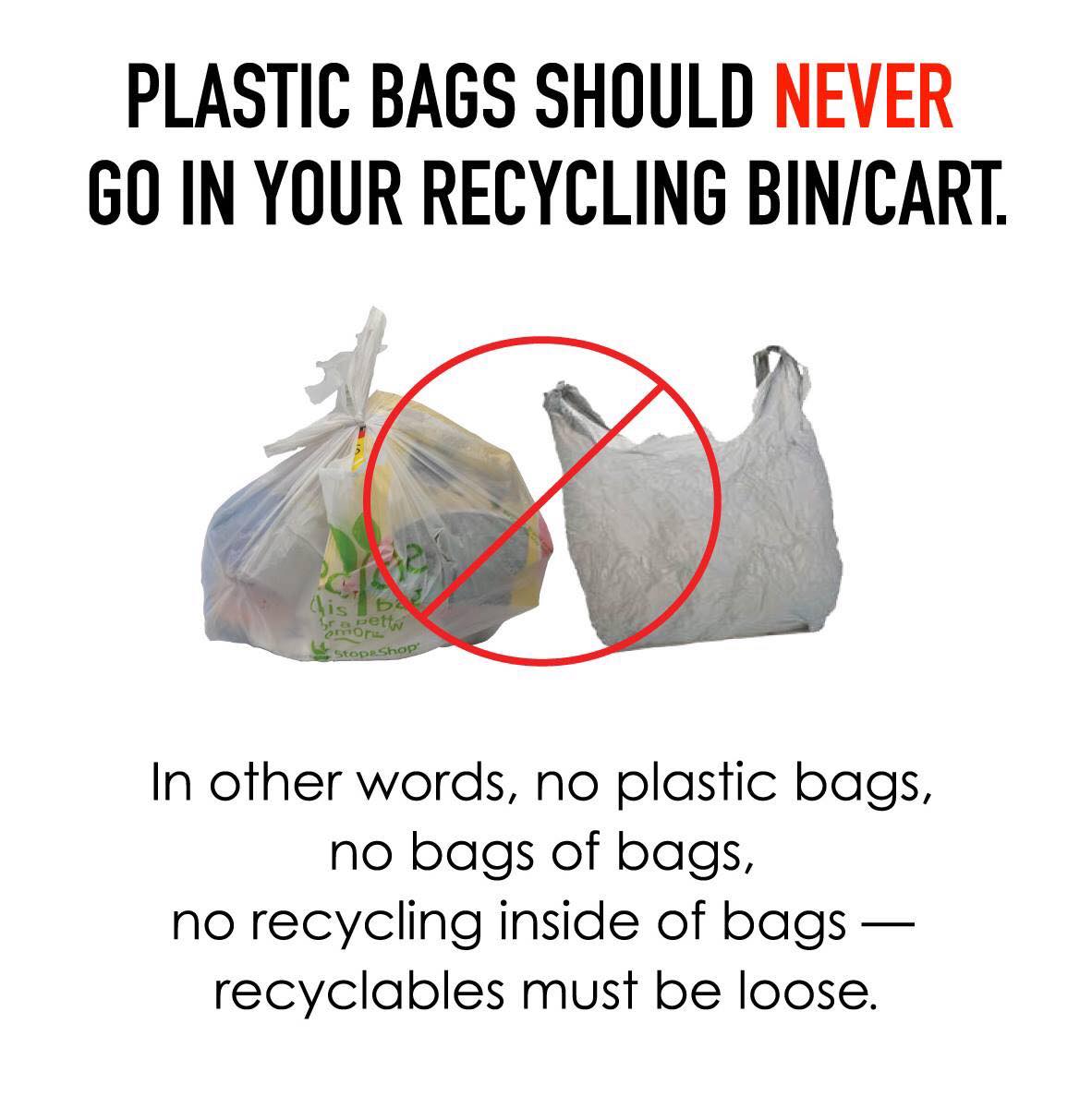 NO PLASTIC BAGS IN RECYCLE CARTS